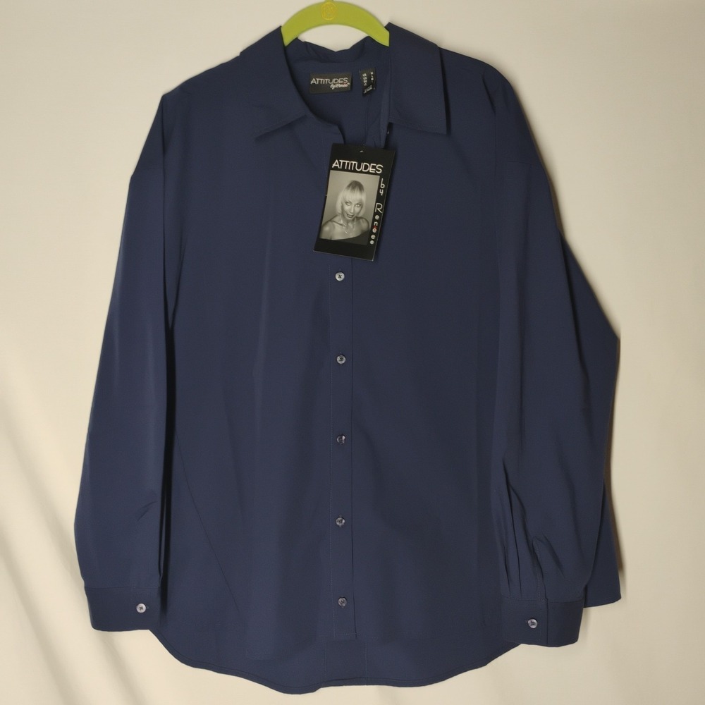 NWT Attitudes By Renee Womens MEDIUM Navy Blue Button Up Dress Shirt